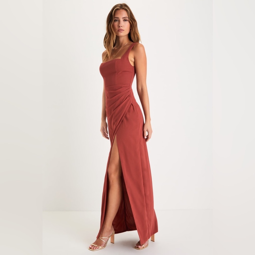 Lulus Glamorous Disposition Rust Ruched Maxi Dress - Picture 3 of 6